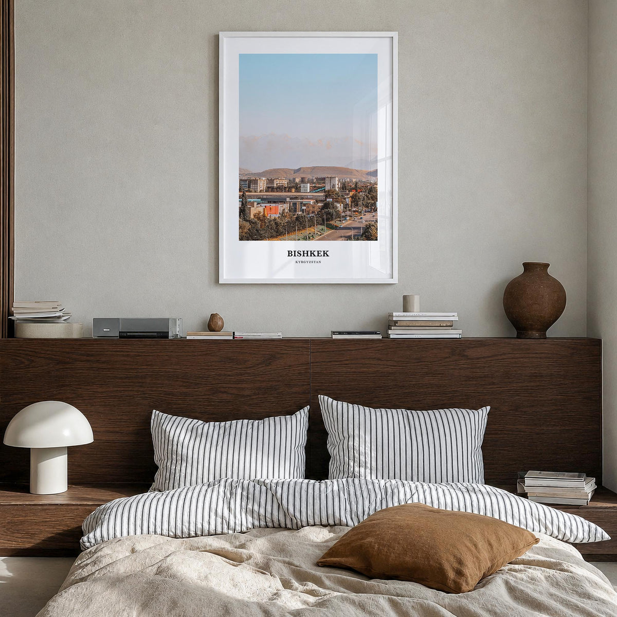 Bishkek colorful classic poster of Kyrgyzstan – vertical wall art in white wood frame, hanging on wall