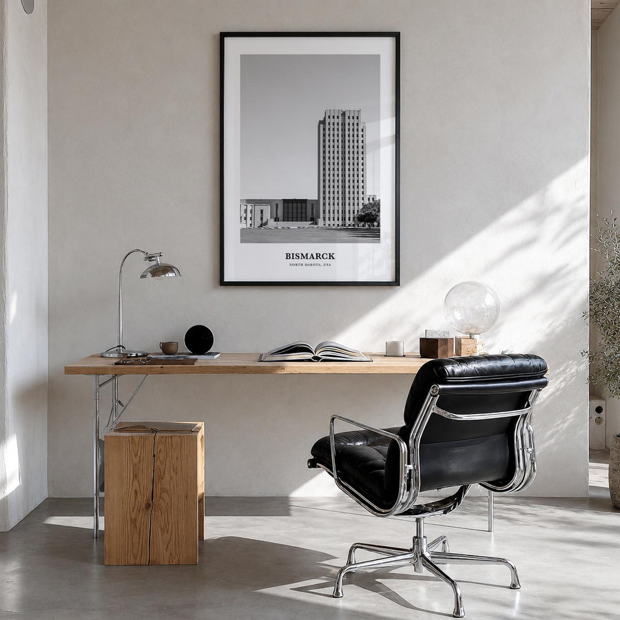 Bismarck black & white classic poster of North Dakota, USA – vertical wall art in black wood frame, hanging on wall