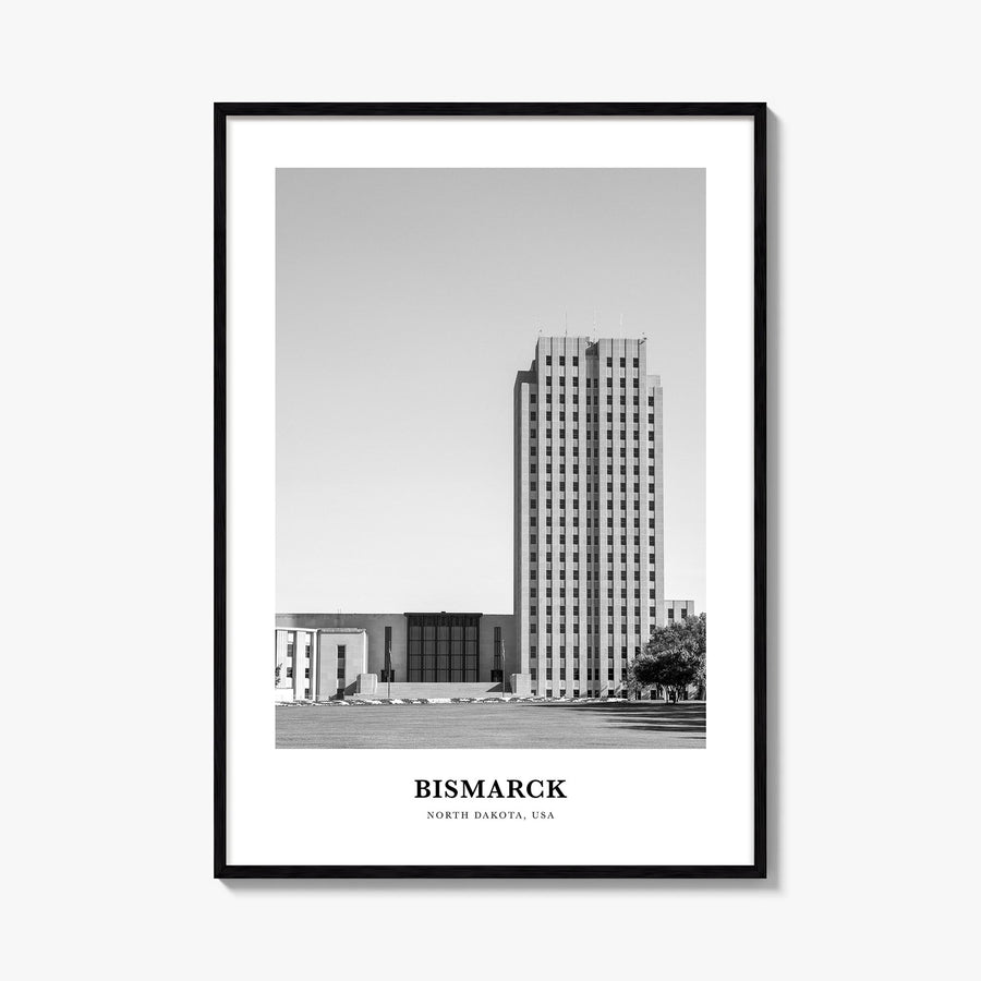 Bismarck black & white classic poster of North Dakota, USA – vertical wall art, unframed print shown in interior mockup