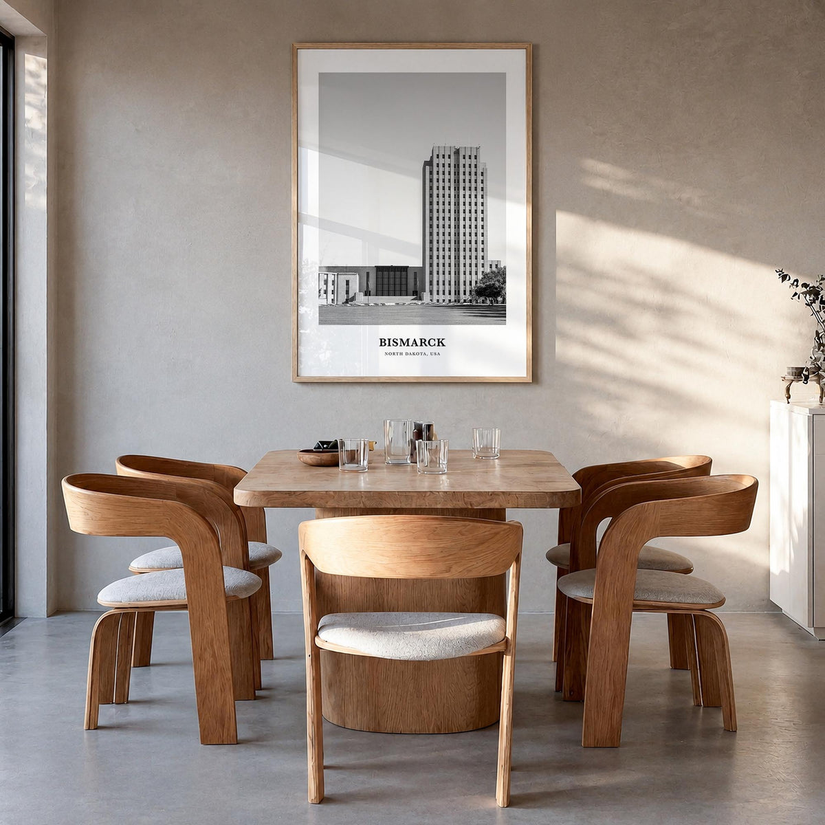 Bismarck black & white classic poster of North Dakota, USA – vertical wall art in natural wood frame, hanging on wall