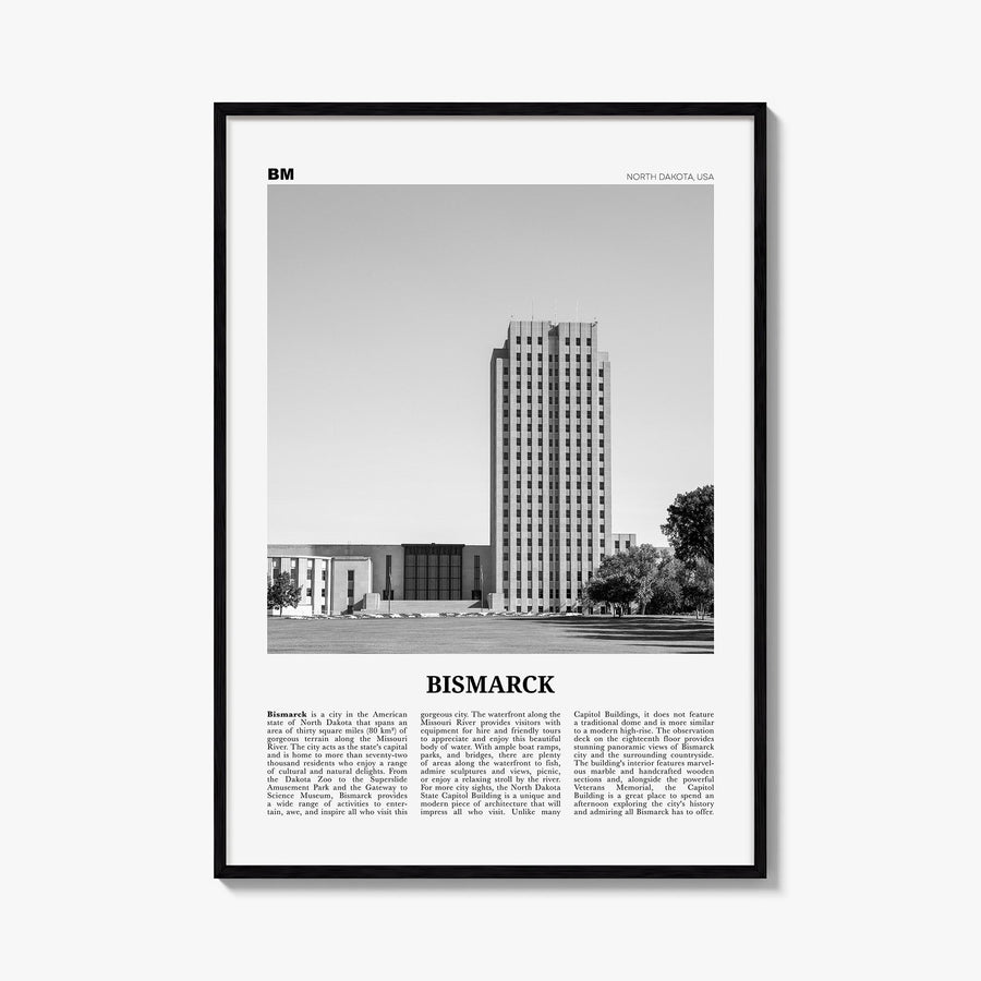 Bismarck black & white newspaper poster of North Dakota, USA – vertical wall art, unframed print shown in interior mockup