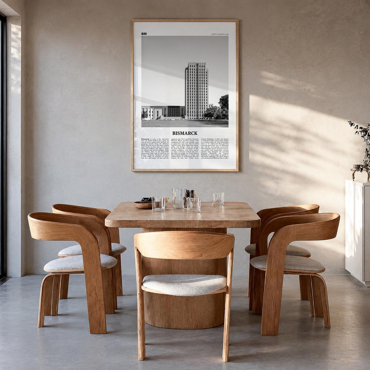 Bismarck black & white newspaper poster of North Dakota, USA – vertical wall art in natural wood frame, hanging on wall