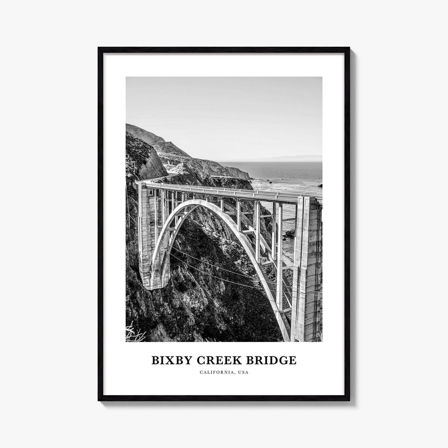 Bixby Creek Bridge black & white classic poster of California, USA – vertical wall art, unframed print shown in interior mock