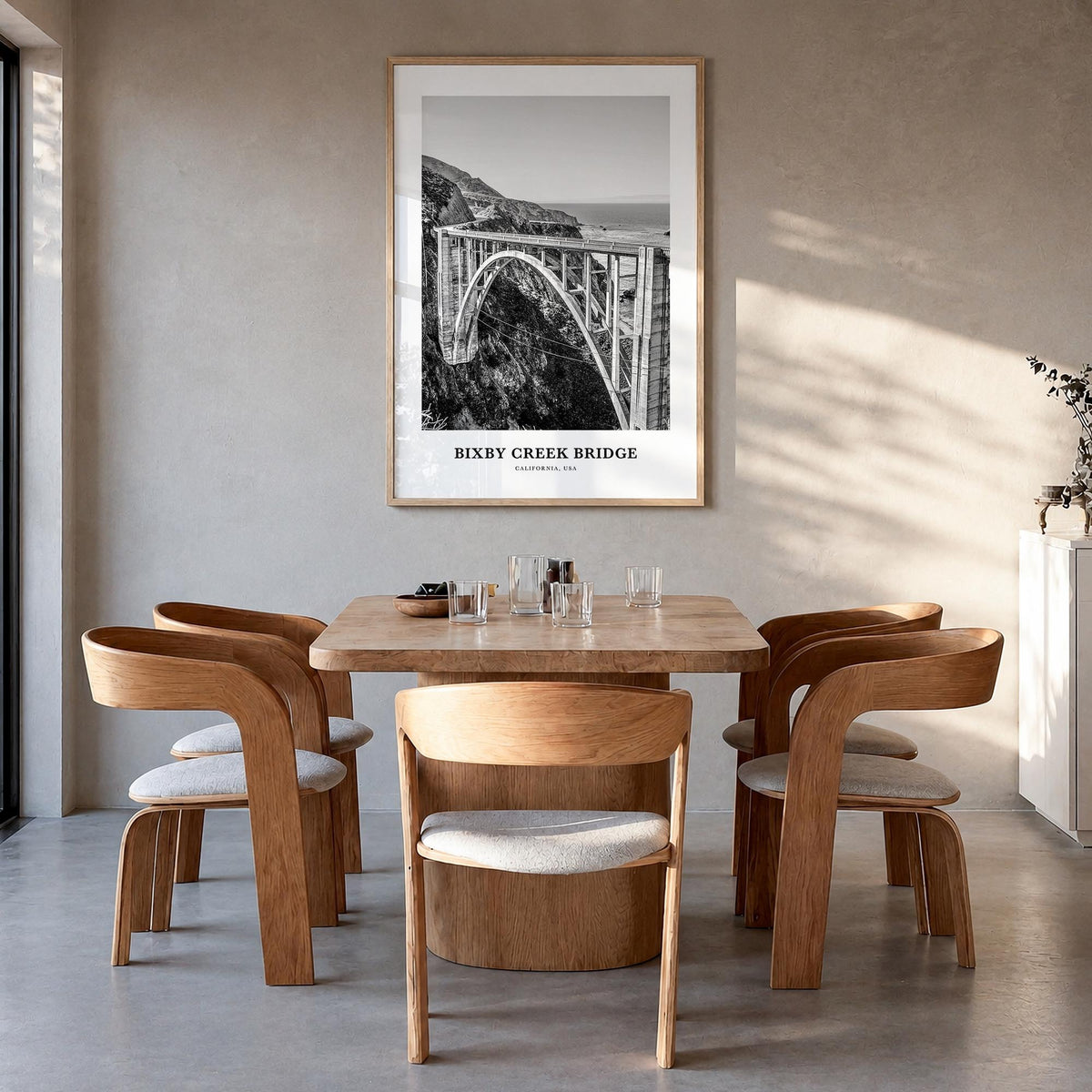 Bixby Creek Bridge black & white classic poster of California, USA – vertical wall art in natural wood frame, hanging on wall