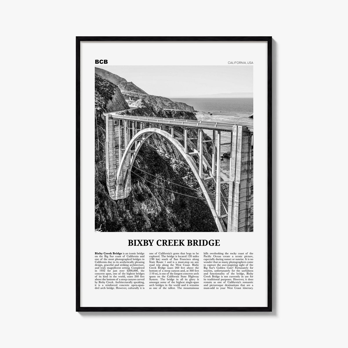 Bixby Creek Bridge black & white newspaper poster of California, USA – vertical wall art, unframed print shown in interior mo