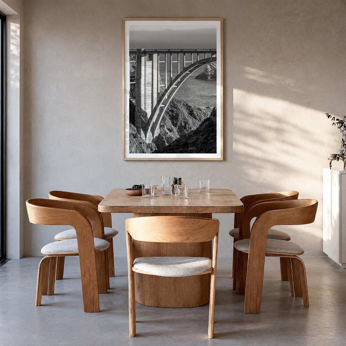 Bixby Creek Bridge black & white photo poster of California, USA – vertical wall art in natural wood frame with white border,