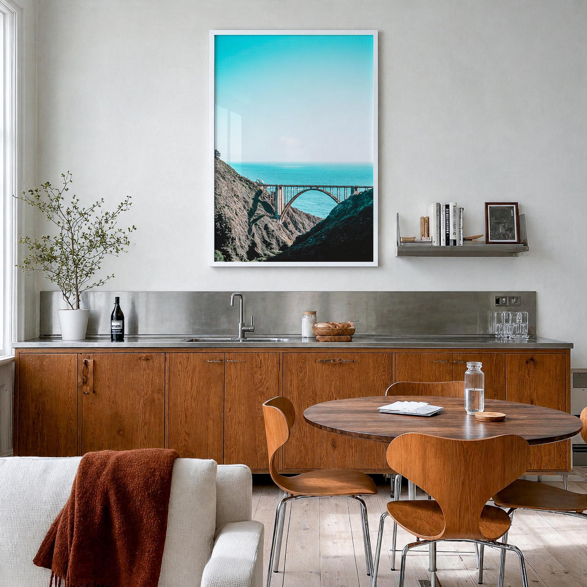 Bixby Creek Bridge no. 1 colorful photo poster of California, USA – vertical wall art in white wood frame, hanging on wall