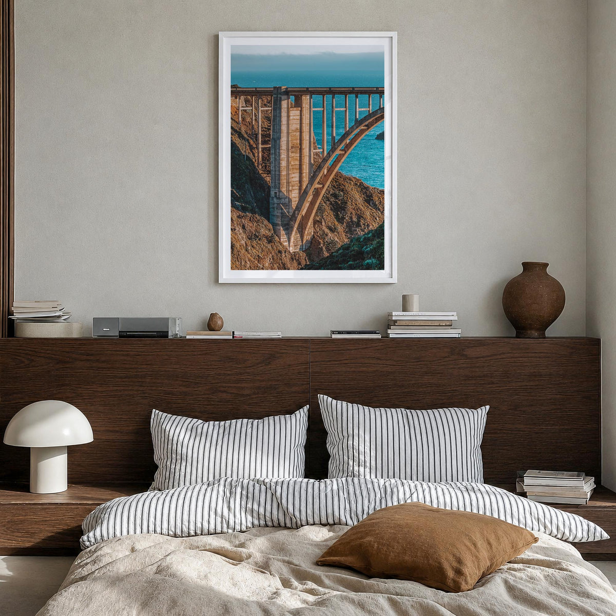 Bixby Creek Bridge no. 2 colorful photo poster of California, USA – vertical wall art in white wood frame with white border, 