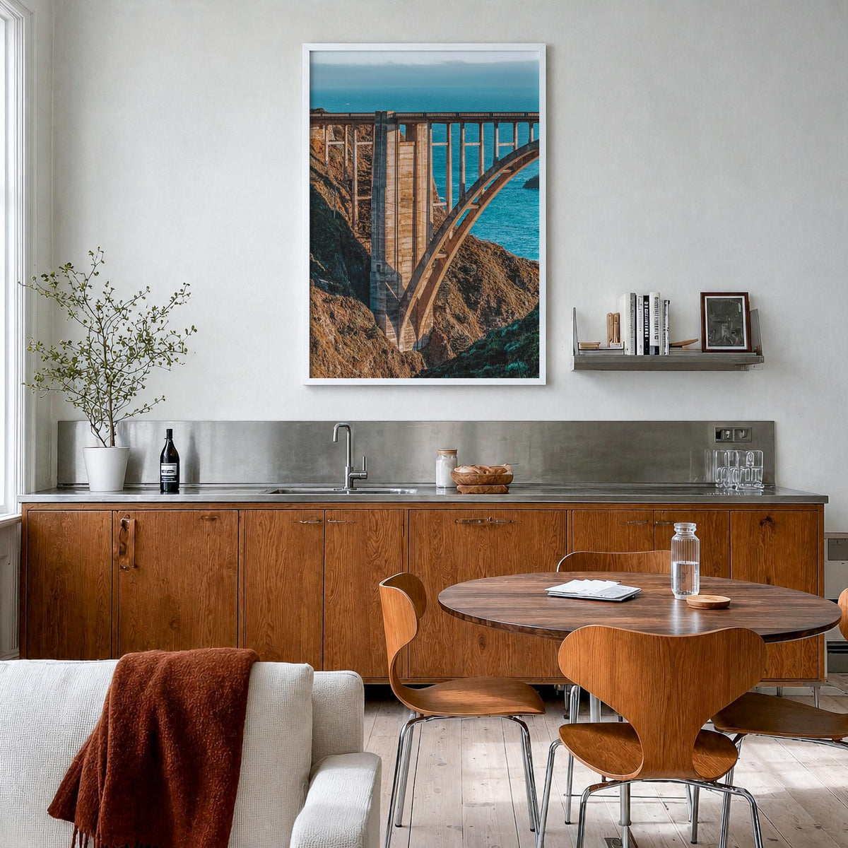 Bixby Creek Bridge no. 2 colorful photo poster of California, USA – vertical wall art in white wood frame, hanging on wall