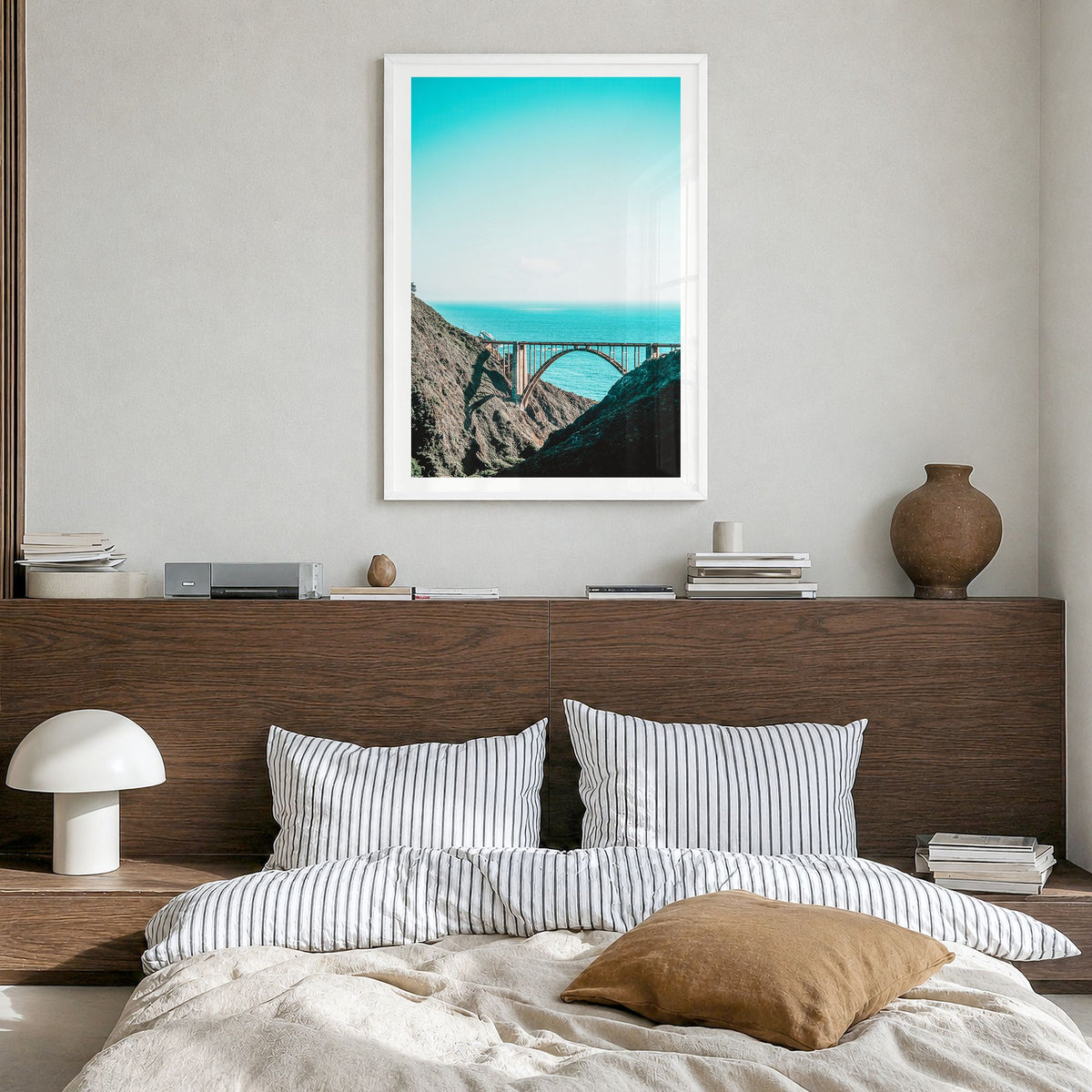 Bixby Creek Bridge Photo No 1 Poster in a white wood frame, hanging in a bedroom, white border