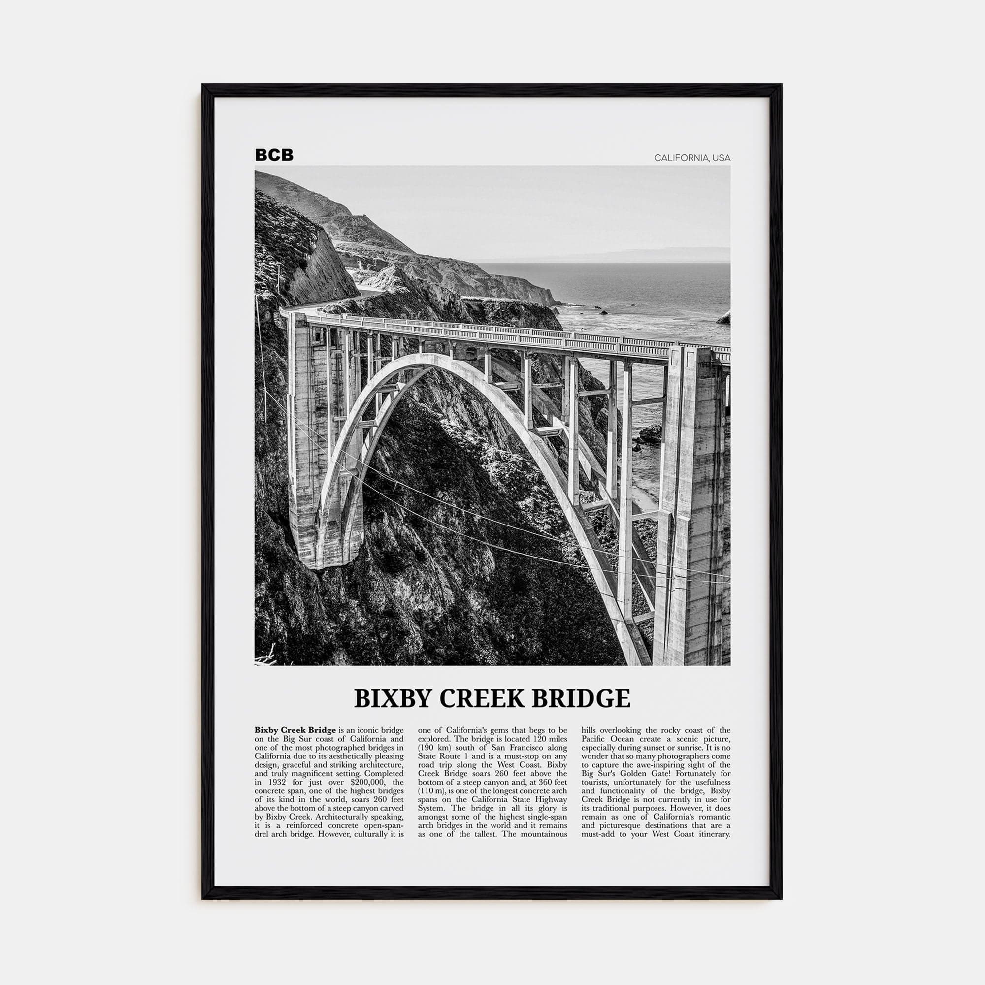 Bixby Creek Bridge Poster Black Wood / 8x12 in Nbourhood Travel B&W Poster