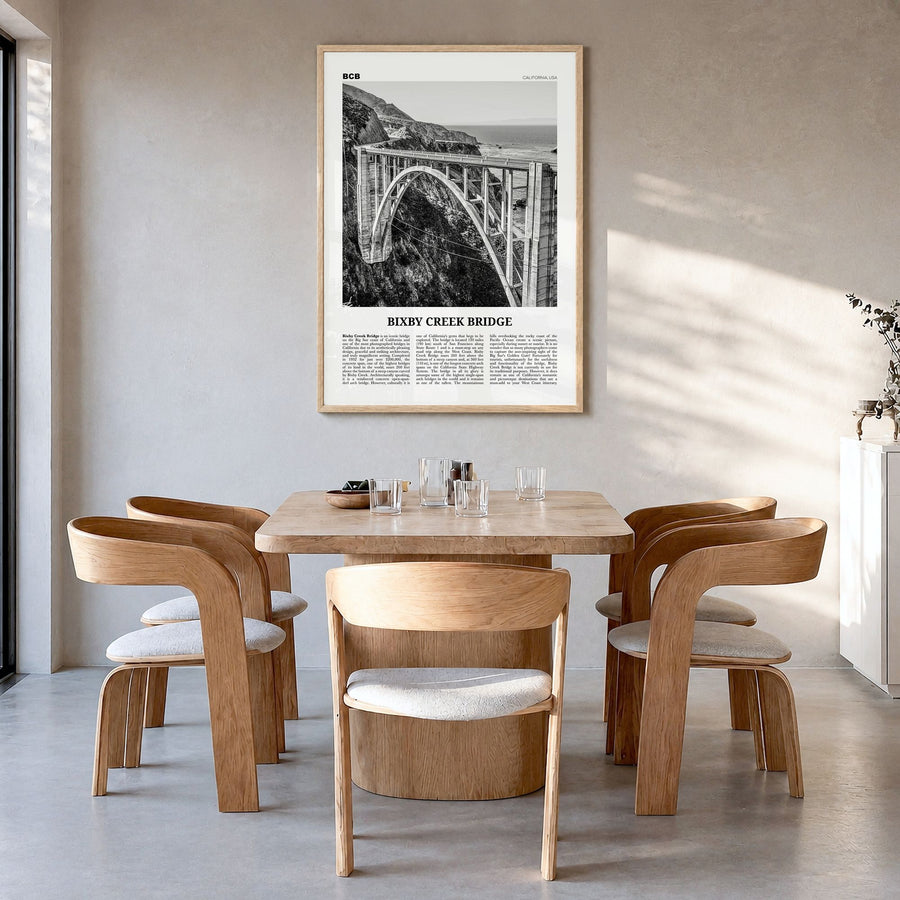 Bixby Creek Bridge Newspaper Poster in a natural wood frame, hanging in a dining room