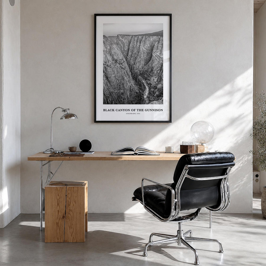 Black Canyon of the Gunnison National Park black & white classic poster of Colorado, USA – vertical wall art in black wood fr