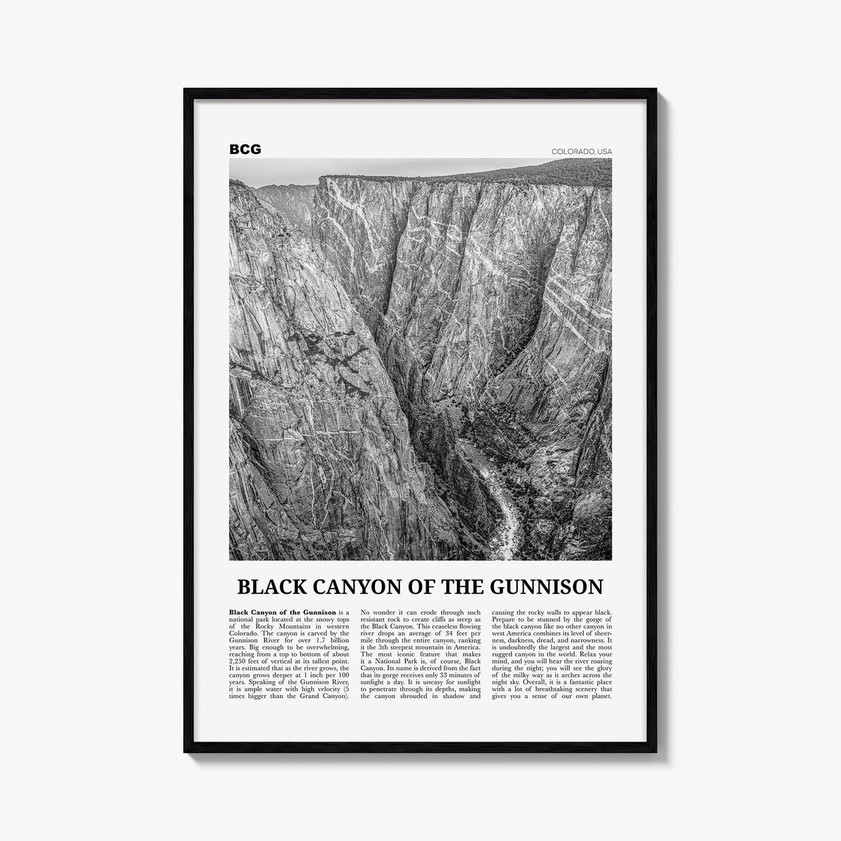 Black Canyon of the Gunnison National Park black & white newspaper poster of Colorado, USA – vertical wall art, unframed prin
