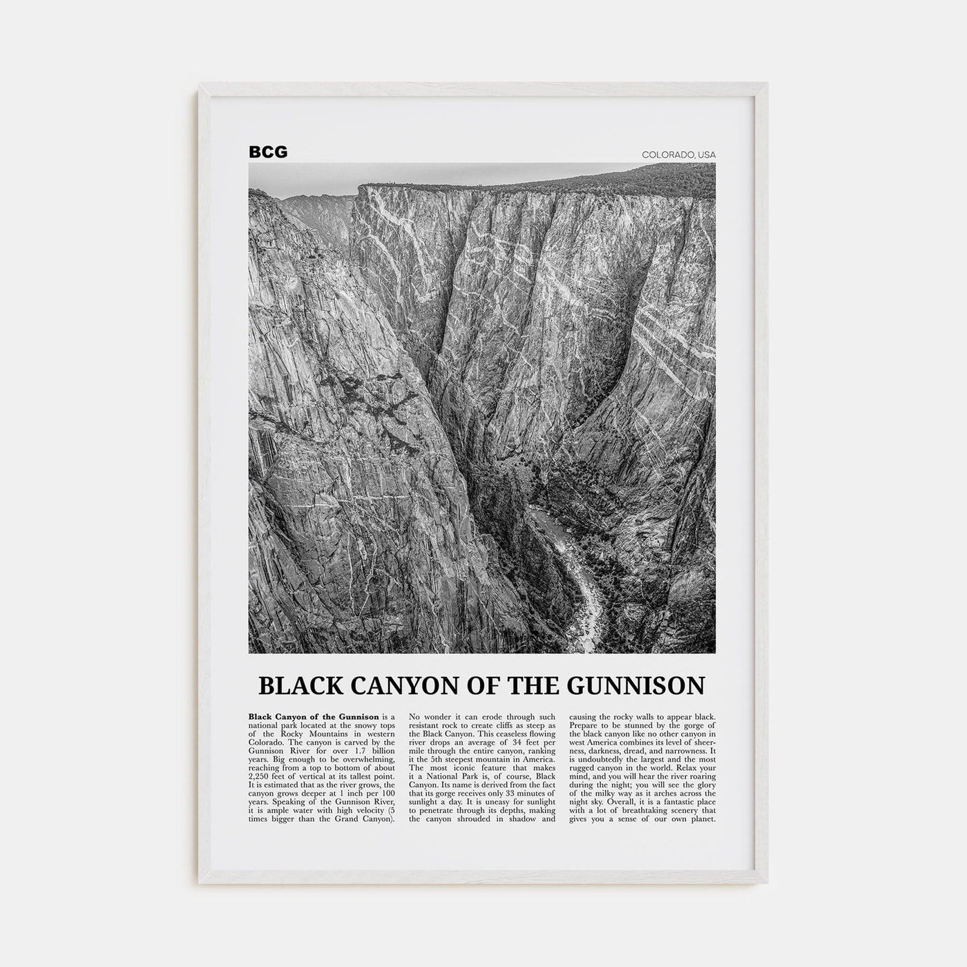 Black Canyon of the Gunnison National Park Poster White Wood / 8x12 in Nbourhood Travel B&W Poster