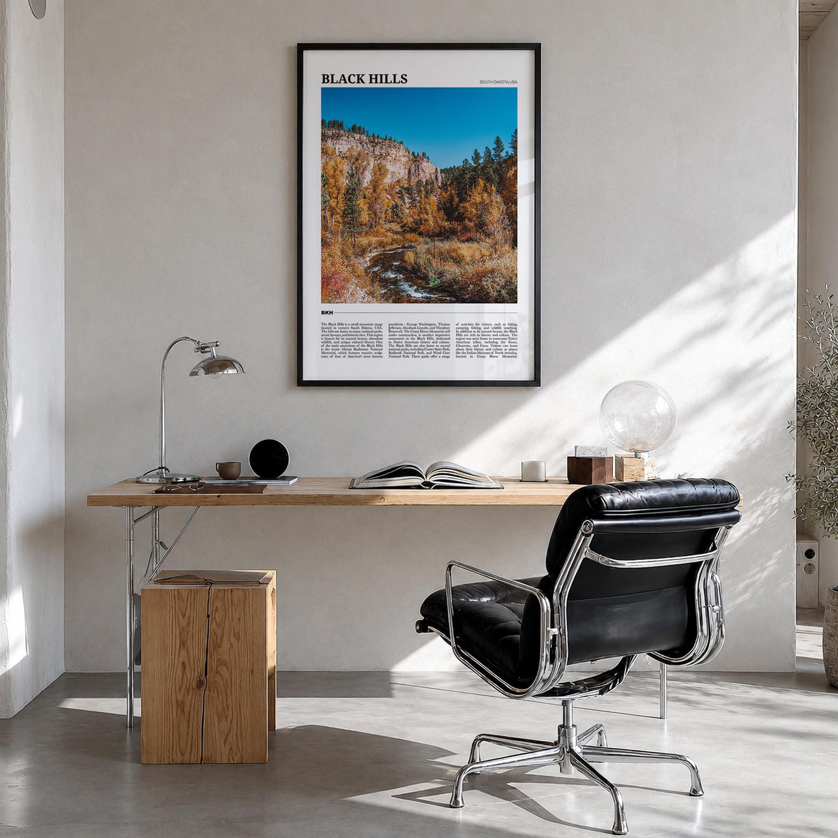 Black Hills colorful travel poster of South Dakota & Wyoming, USA – vertical wall art in black wood frame, hanging on wall