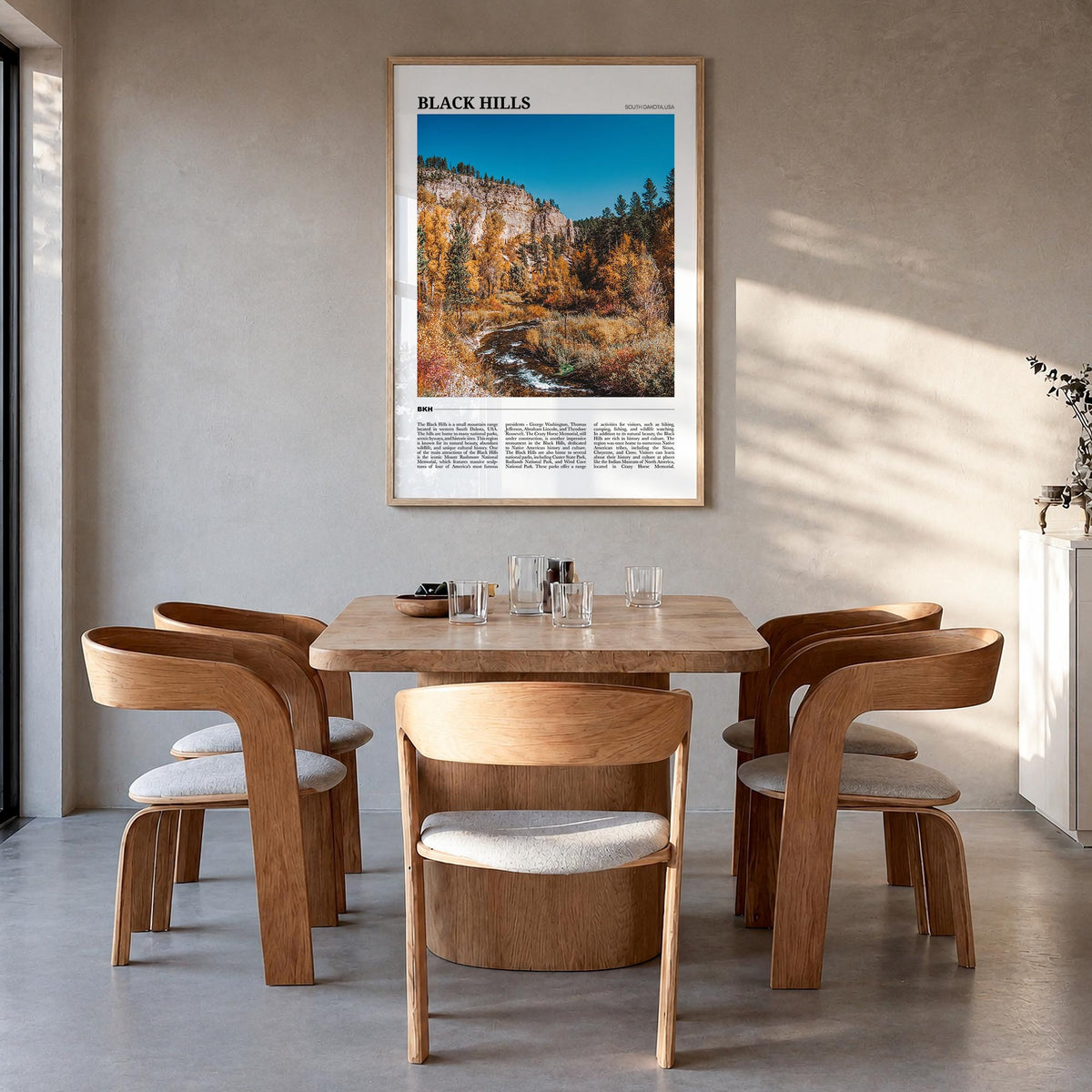 Black Hills colorful travel poster of South Dakota & Wyoming, USA – vertical wall art in natural wood frame, hanging on wall