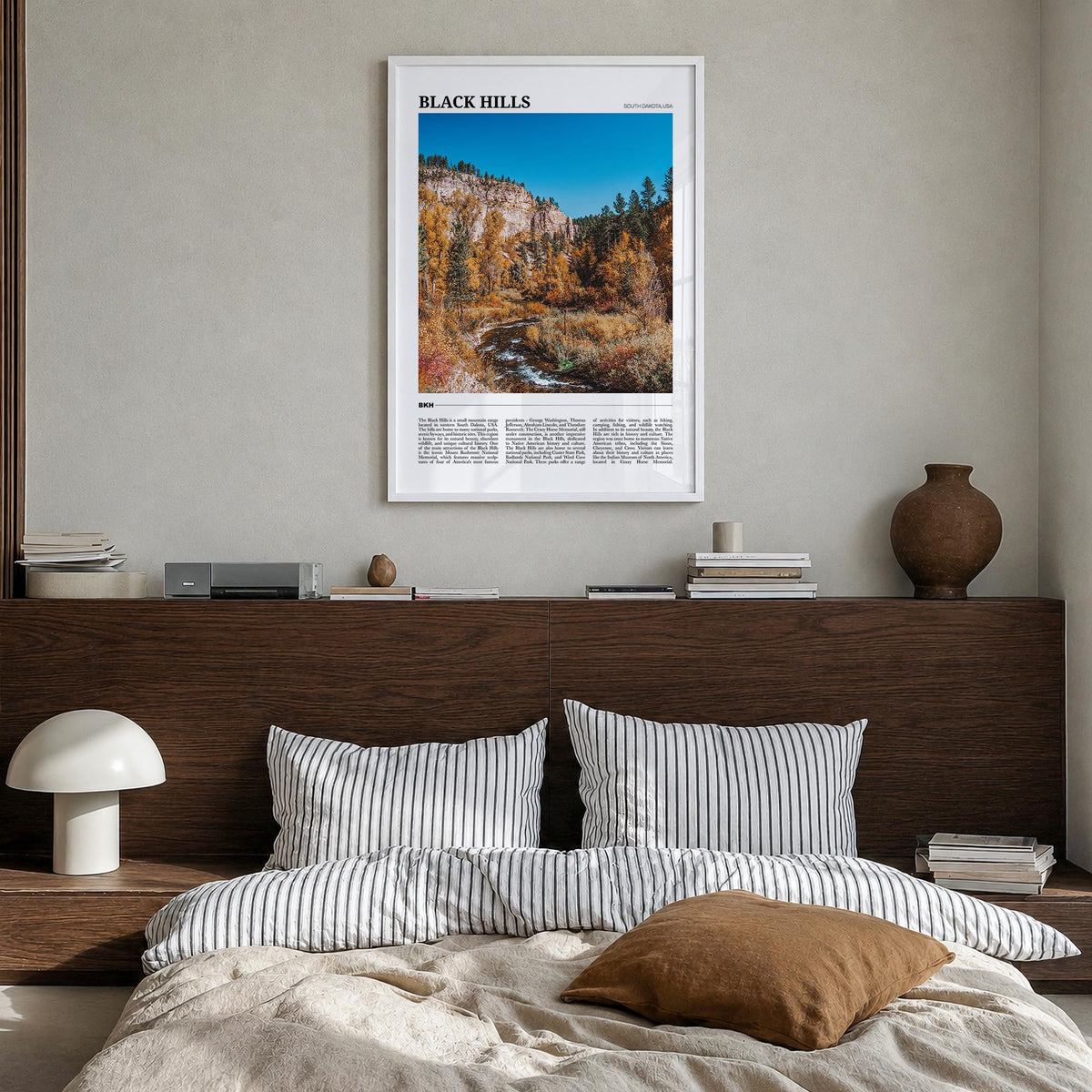 Black Hills colorful travel poster of South Dakota & Wyoming, USA – vertical wall art in white wood frame, hanging on wall
