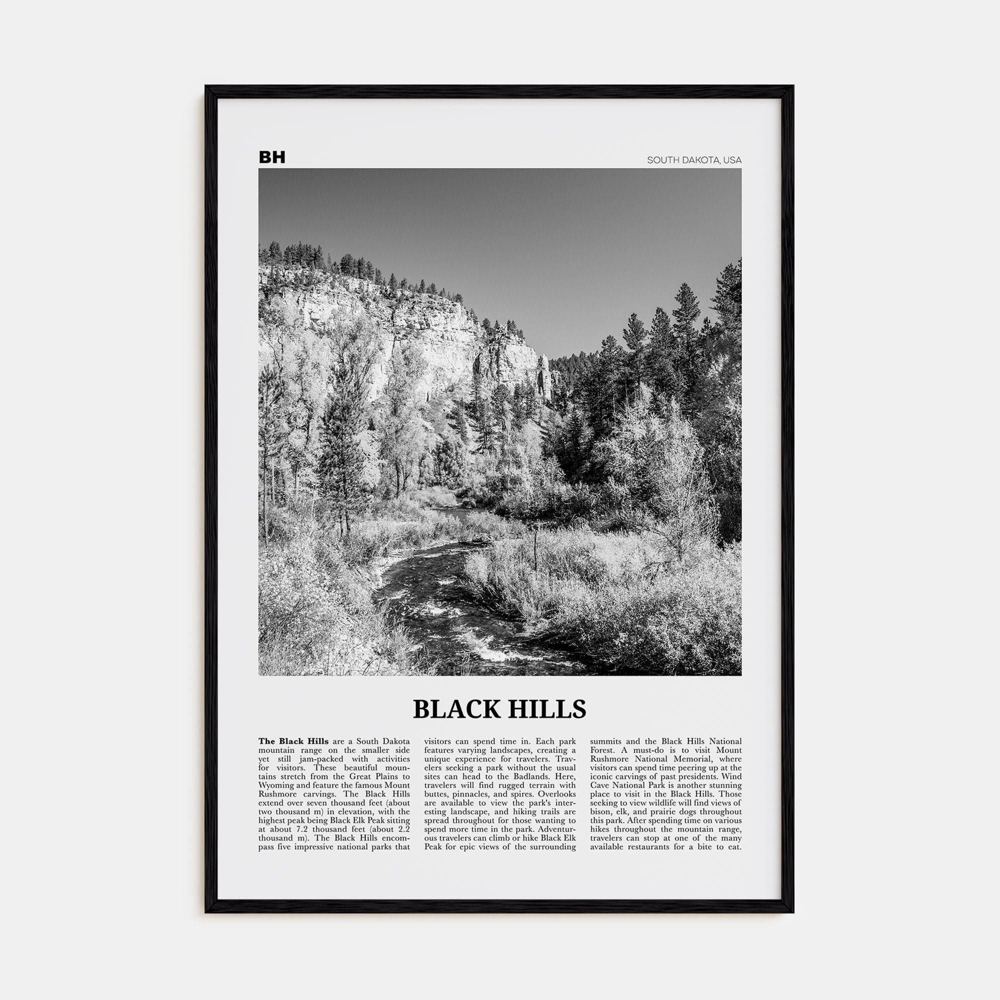 Black Hills Poster Black Wood / 8x12 in Nbourhood Travel B&W Poster