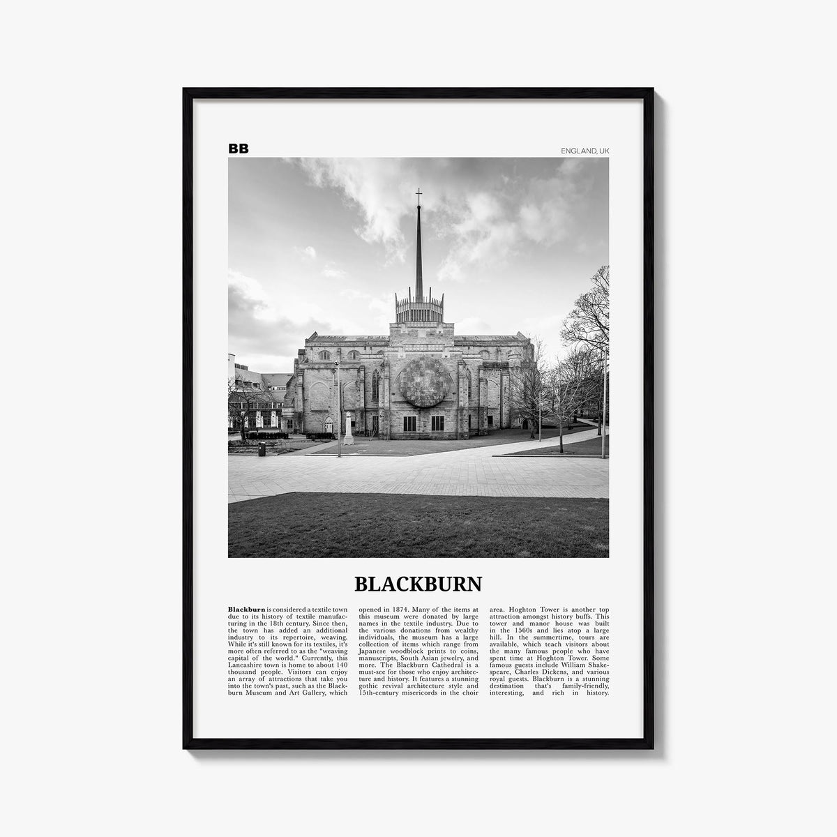 Blackburn black & white newspaper poster of United Kingdom – vertical wall art, unframed print shown in interior mockup