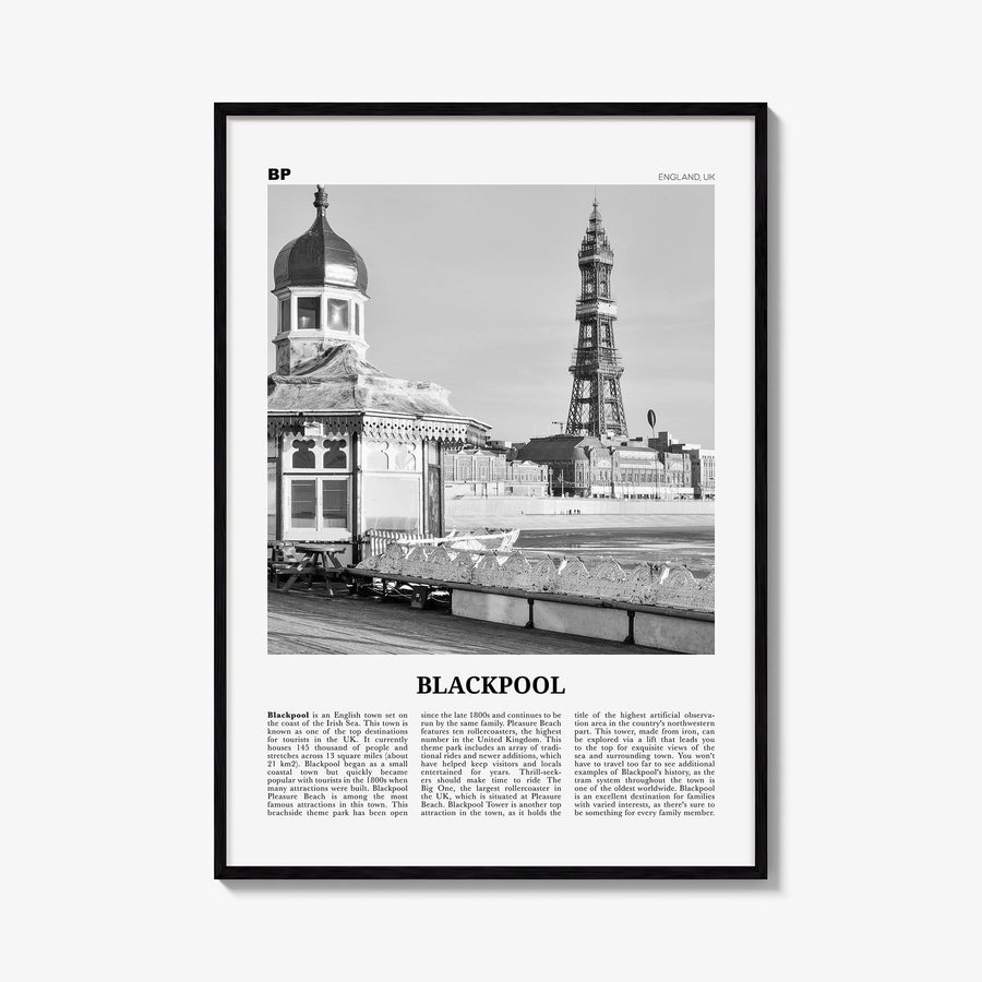 Blackpool black & white newspaper poster of United Kingdom – vertical wall art, unframed print shown in interior mockup