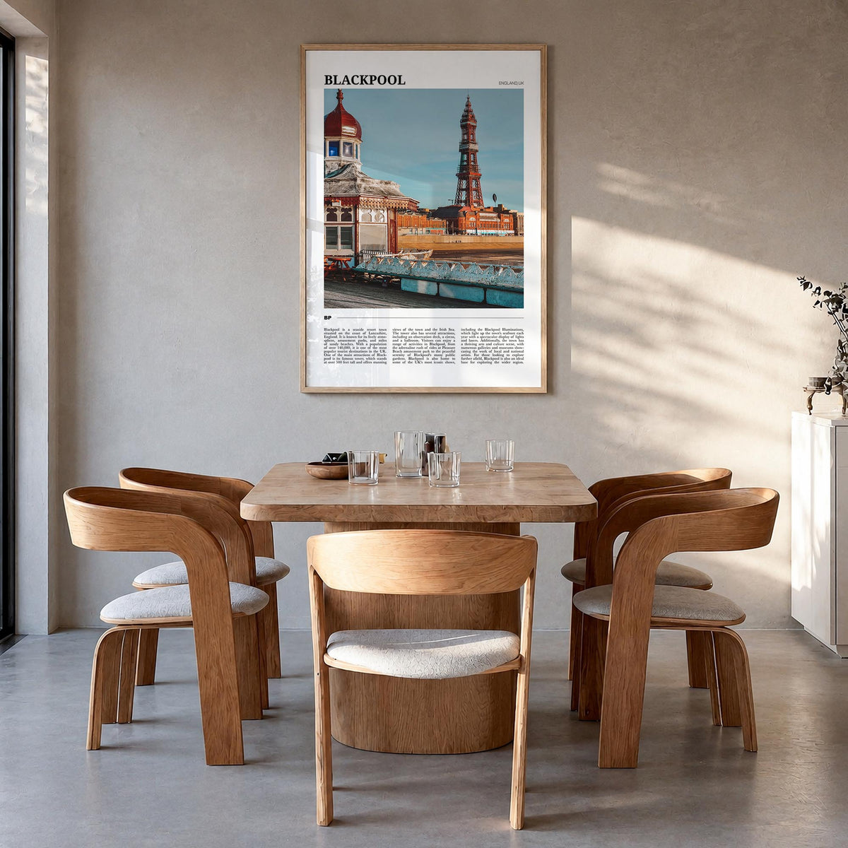 Blackpool colorful travel poster of United Kingdom – vertical wall art in natural wood frame, hanging on wall