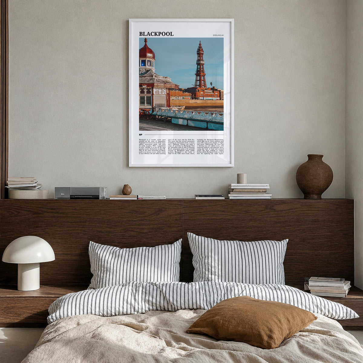 Blackpool colorful travel poster of United Kingdom – vertical wall art in white wood frame, hanging on wall