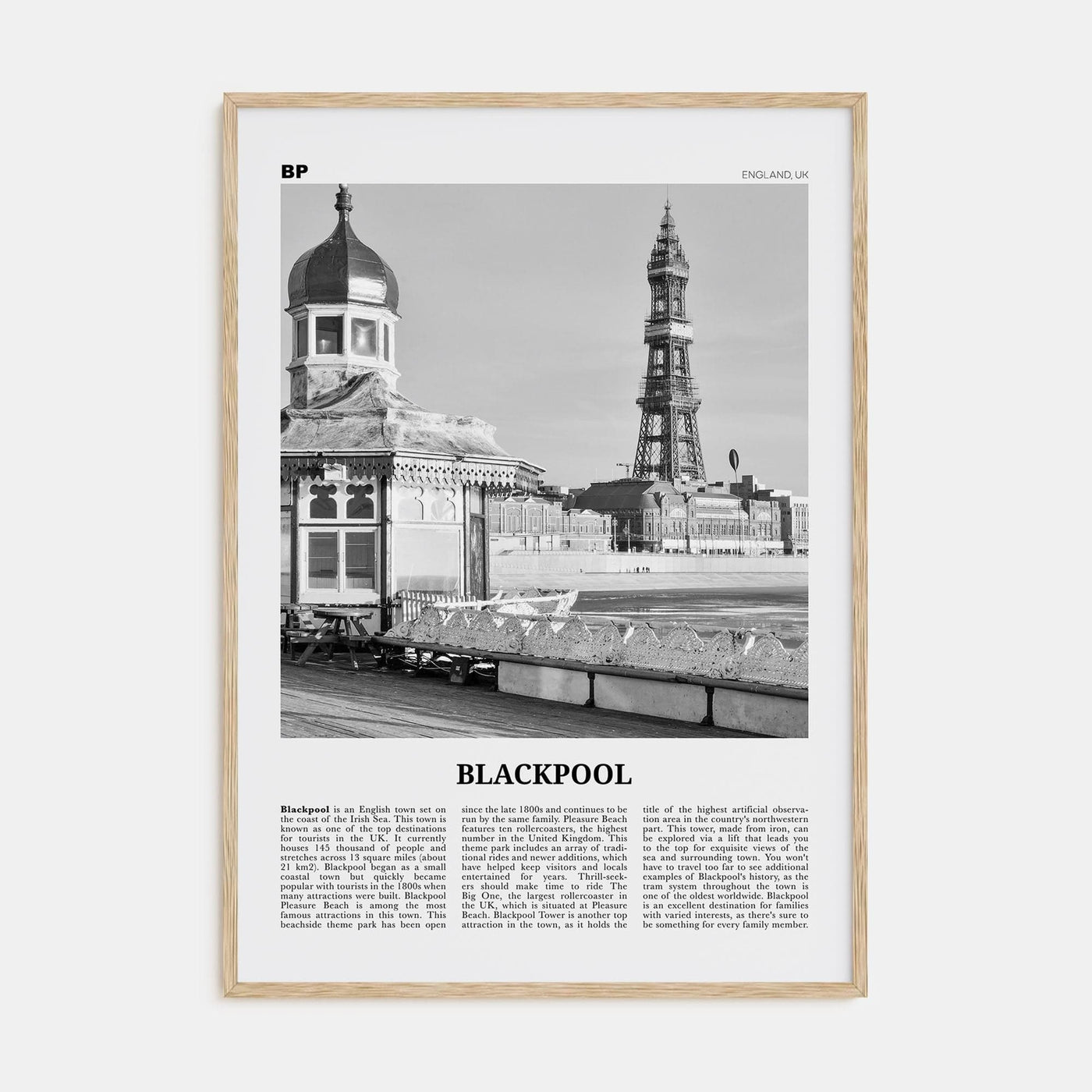 Blackpool Poster Natural Wood / 8x12 in Nbourhood Travel B&W Poster