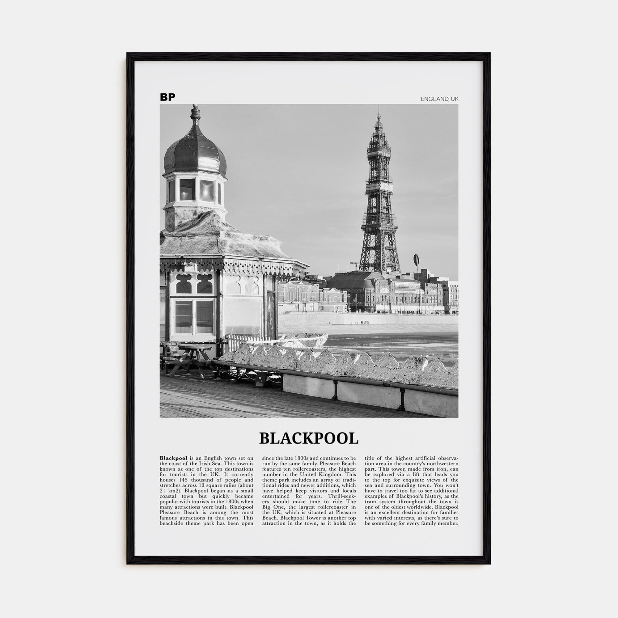 Blackpool Poster Black Wood / 8x12 in Nbourhood Travel B&W Poster