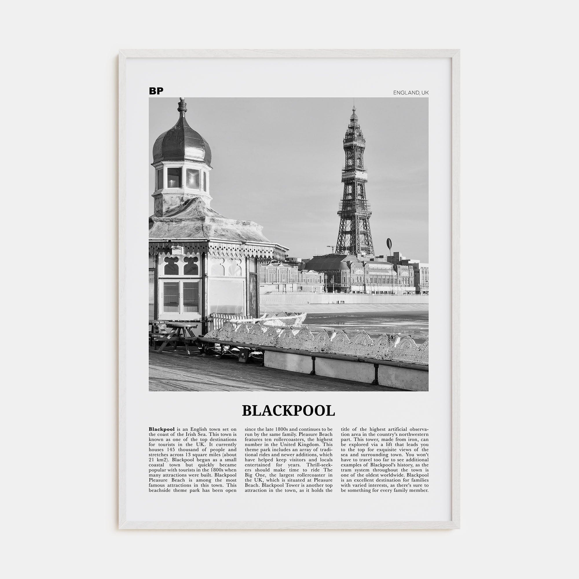 Blackpool Poster White Wood / 8x12 in Nbourhood Travel B&W Poster