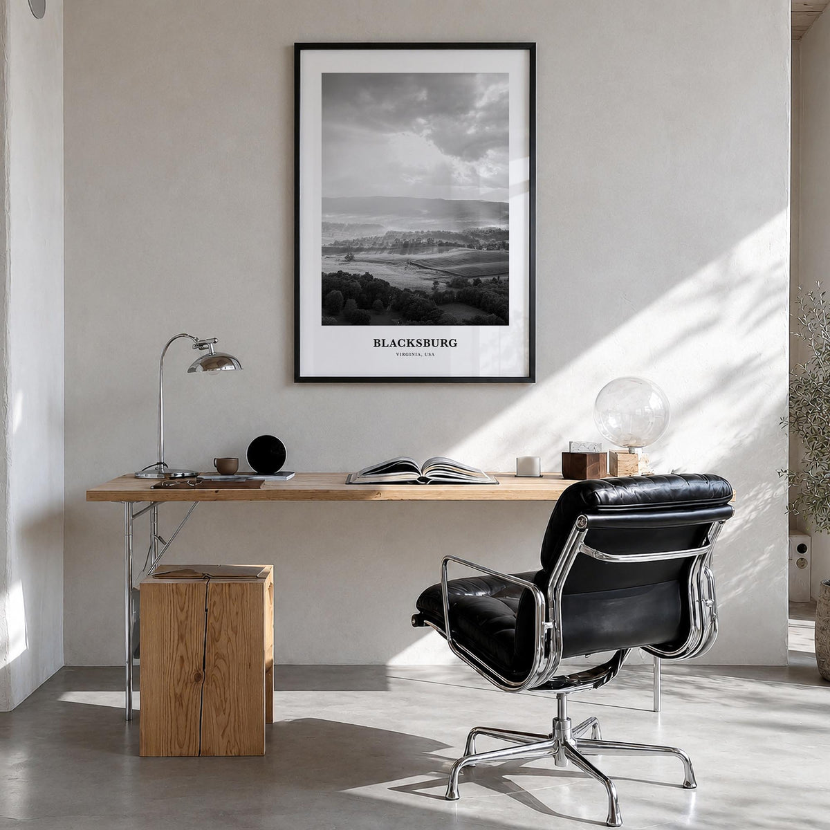 Blacksburg black & white classic poster of Virginia, USA – vertical wall art in black wood frame, hanging on wall