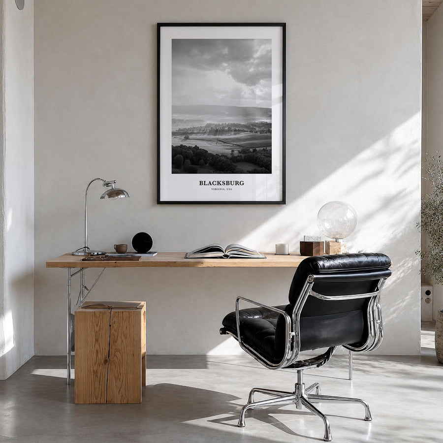 Blacksburg black & white classic poster of Virginia, USA – vertical wall art in black wood frame, hanging on wall