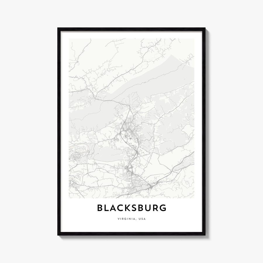 Blacksburg black & white map poster of Virginia, USA – vertical wall art, unframed print shown in interior mockup