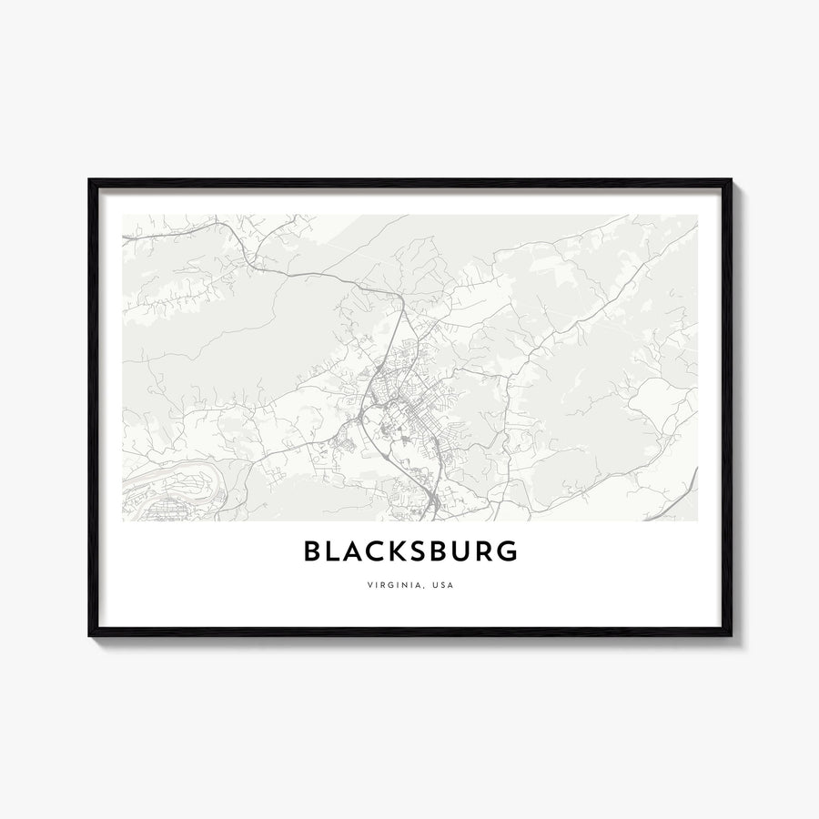 Blacksburg black & white map poster of Virginia, USA – horizontal wall art, unframed print shown in interior mockup