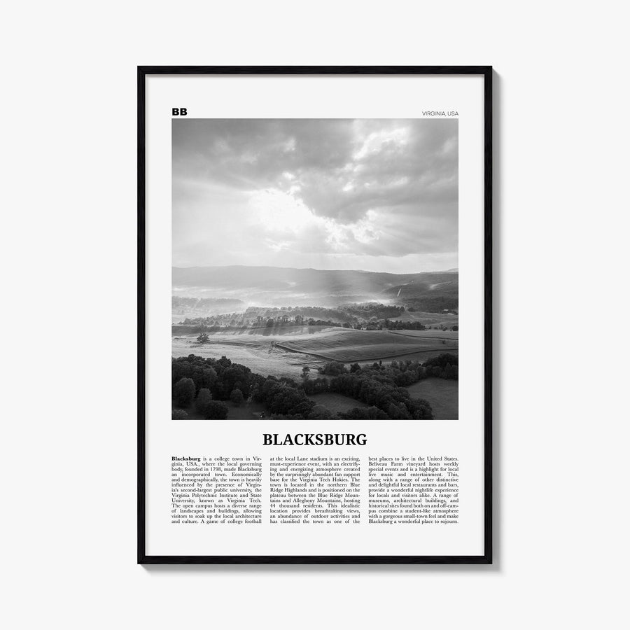 Blacksburg black & white newspaper poster of Virginia, USA – vertical wall art, unframed print shown in interior mockup