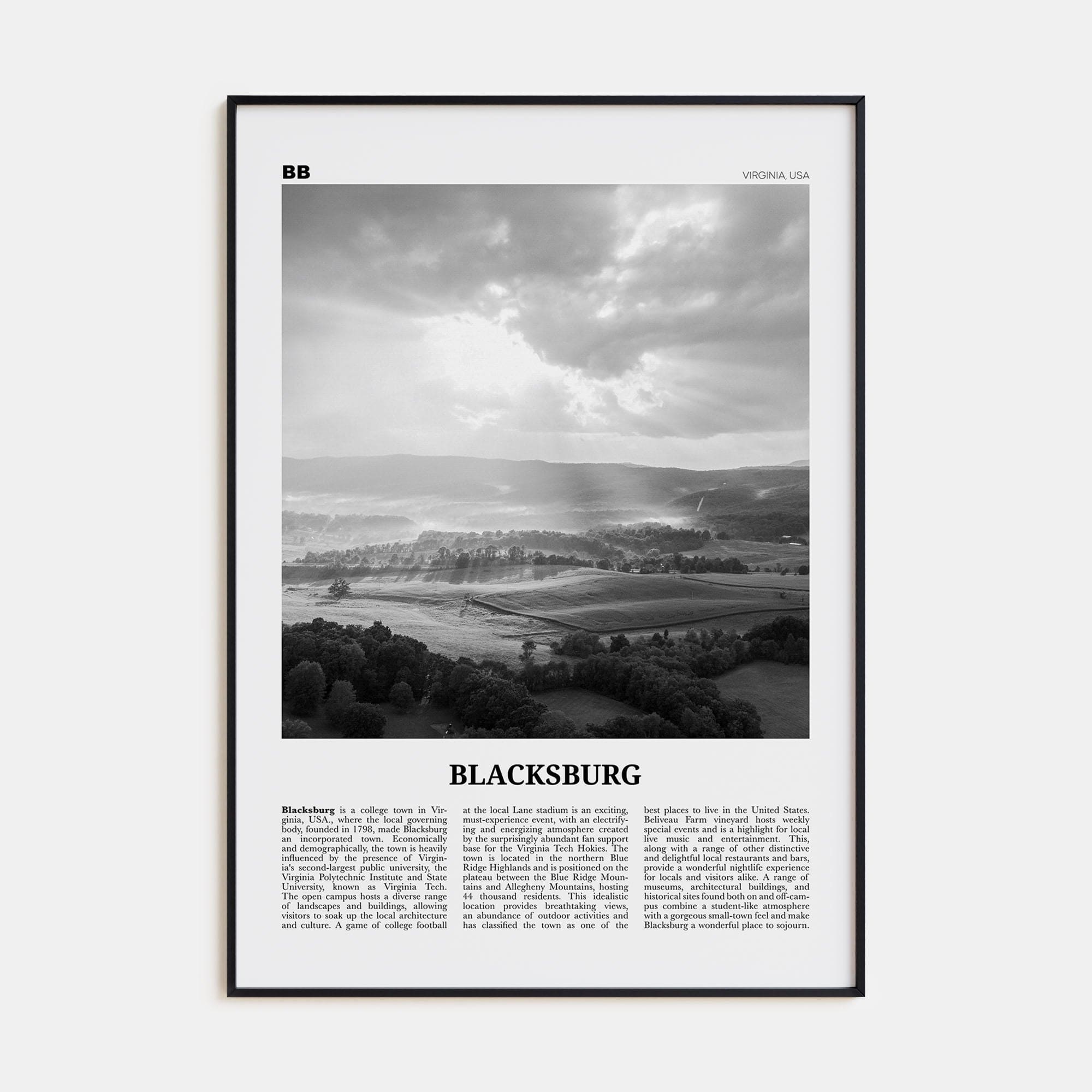 Blacksburg Poster None / 8x12 in Nbourhood Travel B&W Poster