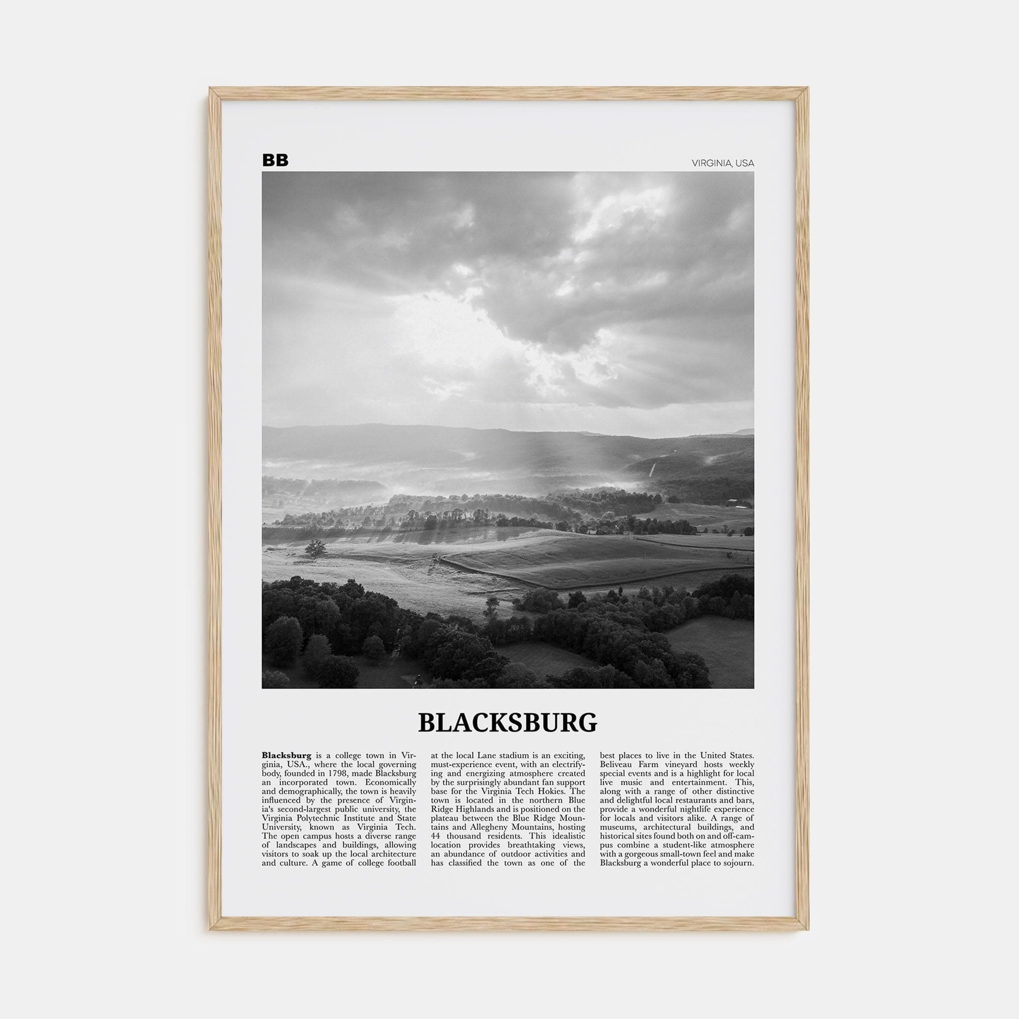 Blacksburg Poster Natural Wood / 8x12 in Nbourhood Travel B&W Poster