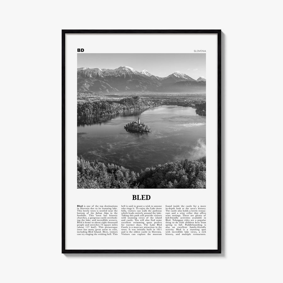 Bled black & white newspaper poster of Slovenia – vertical wall art, unframed print shown in interior mockup