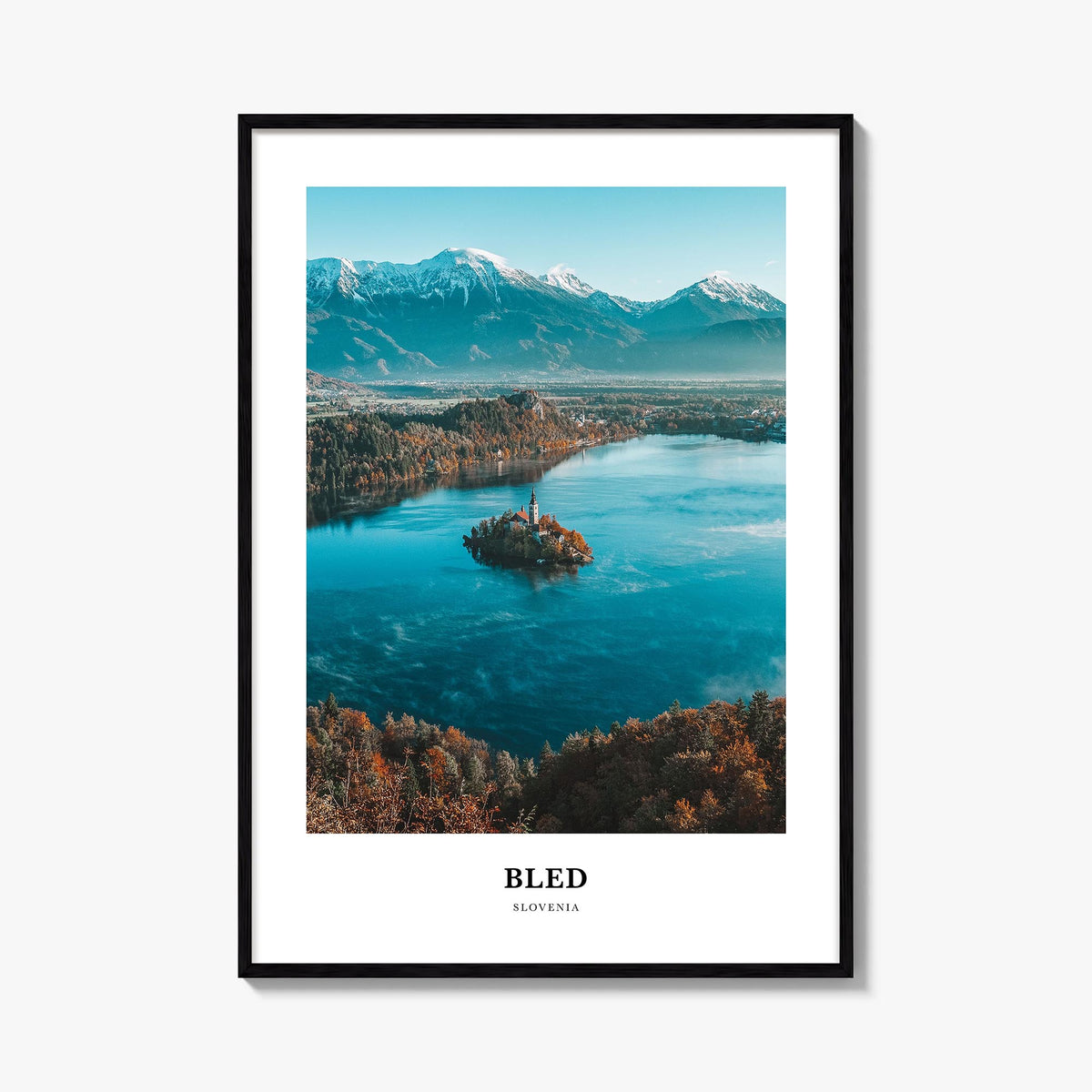 Bled colorful classic poster of Slovenia – vertical wall art, unframed print shown in interior mockup