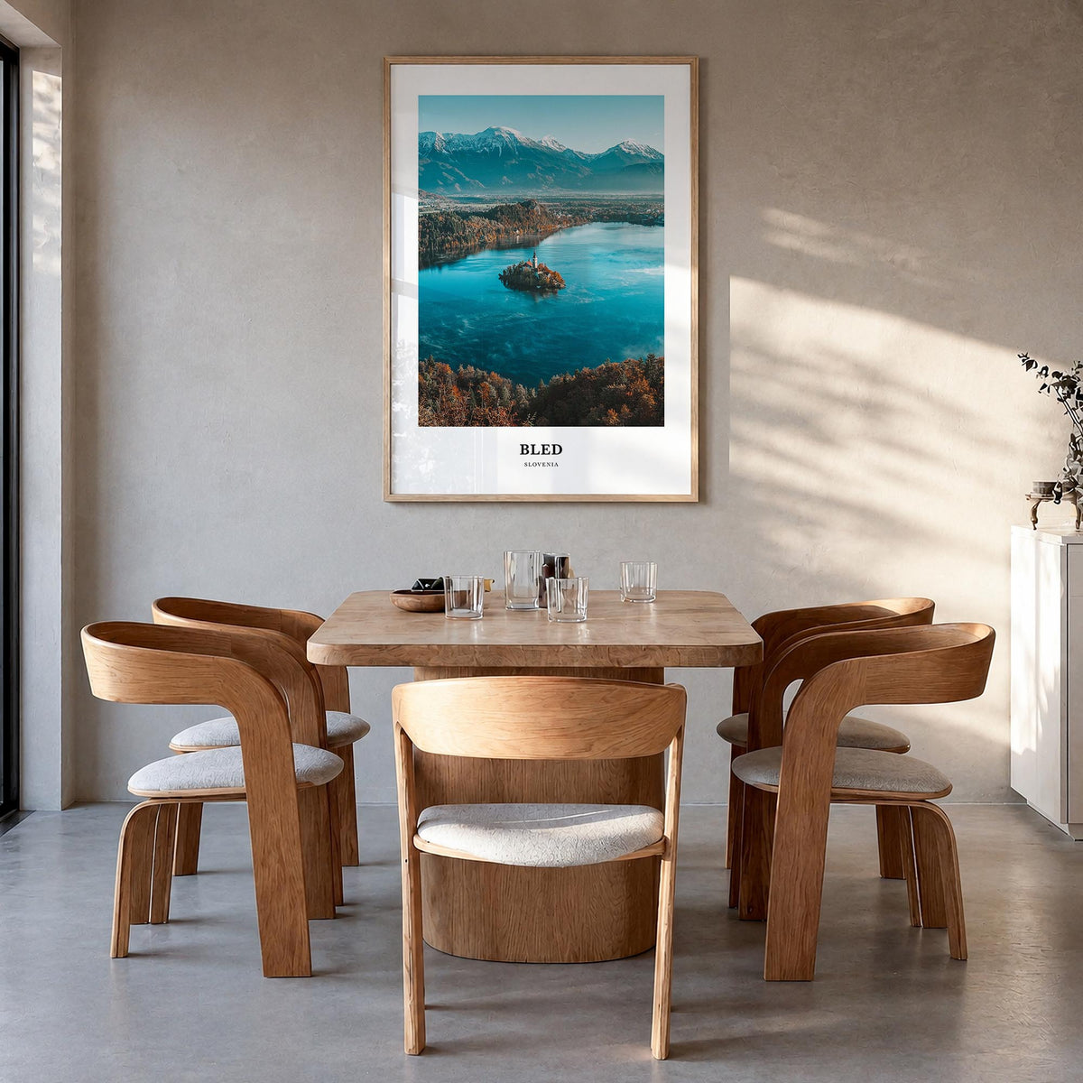 Bled colorful classic poster of Slovenia – vertical wall art in natural wood frame, hanging on wall