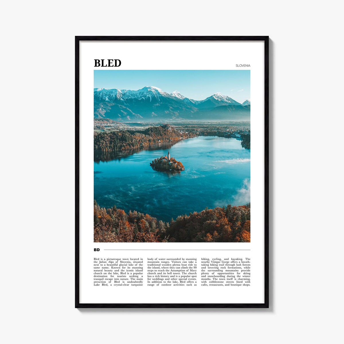 Bled colorful travel poster of Slovenia – vertical wall art, unframed print shown in interior mockup