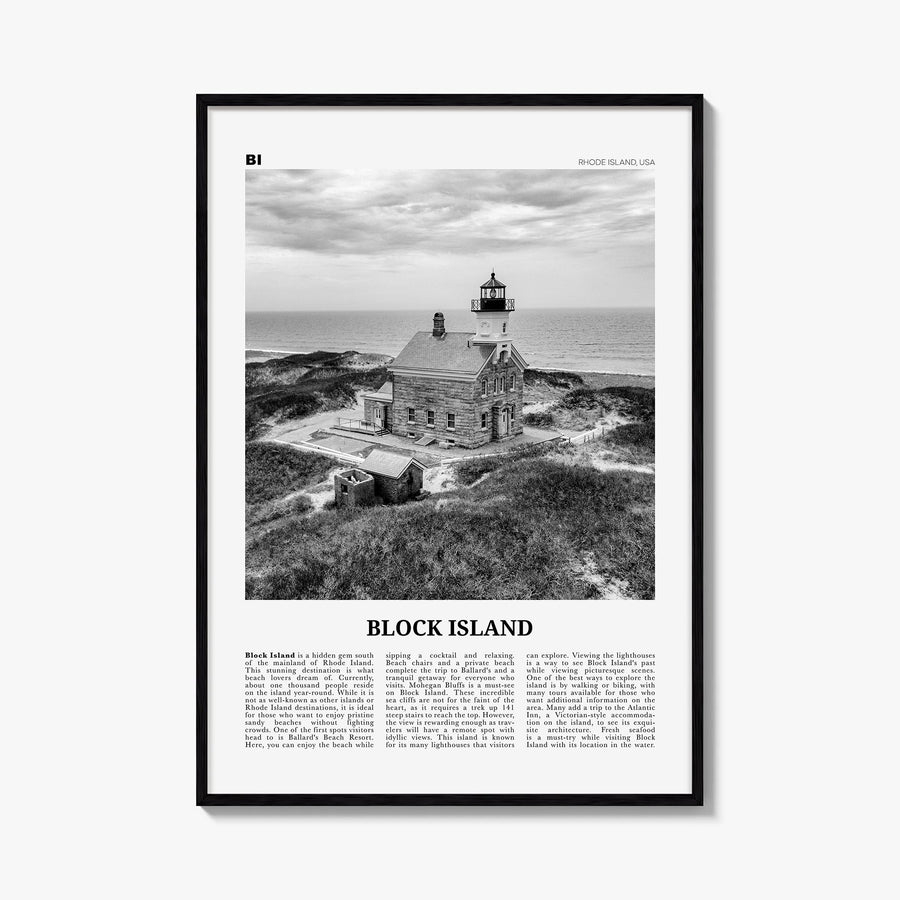 Block Island black & white newspaper poster of Rhode Island, USA – vertical wall art, unframed print shown in interior mockup