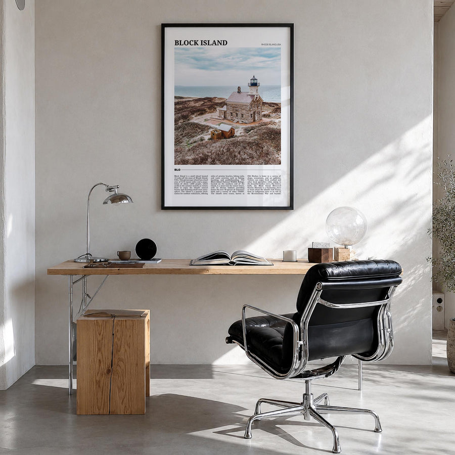 Block Island colorful travel poster of Rhode Island, USA – vertical wall art in black wood frame, hanging on wall