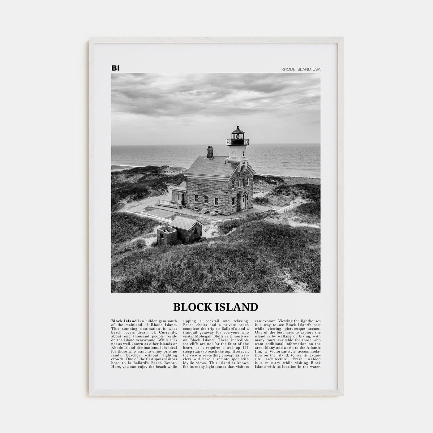 Block Island Poster White Wood / 8x12 in Nbourhood Travel B&W Poster