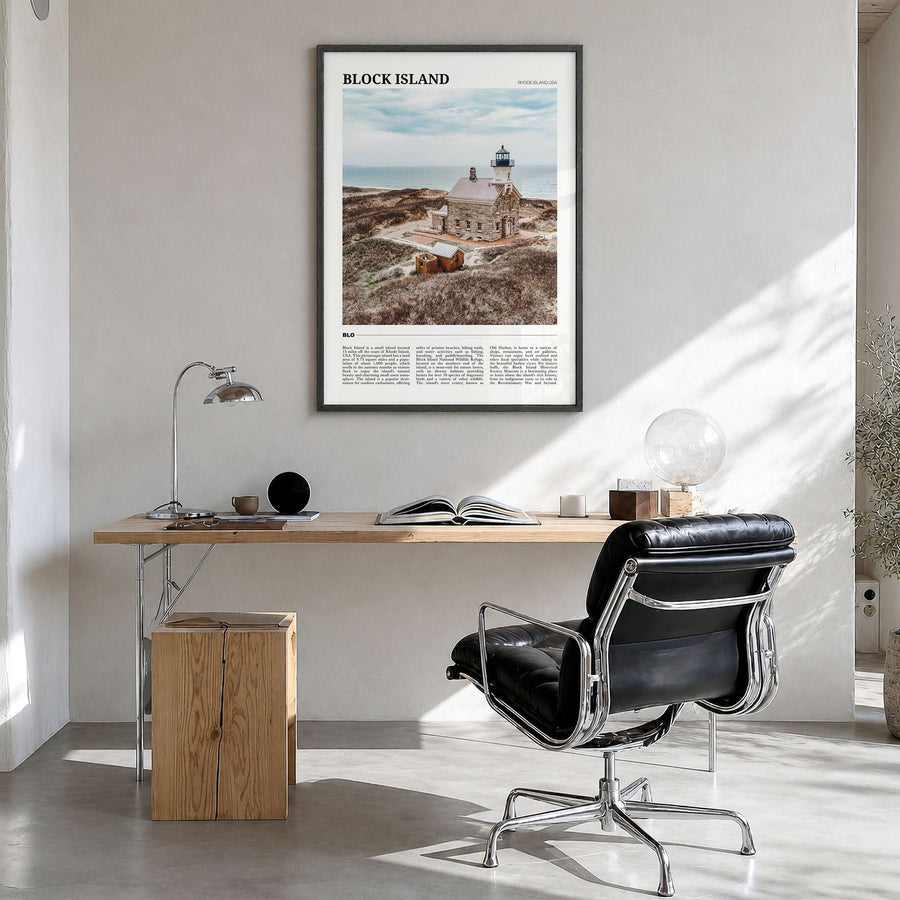 Block Island Travel Poster in a black wood frame, hanging in a bright home office