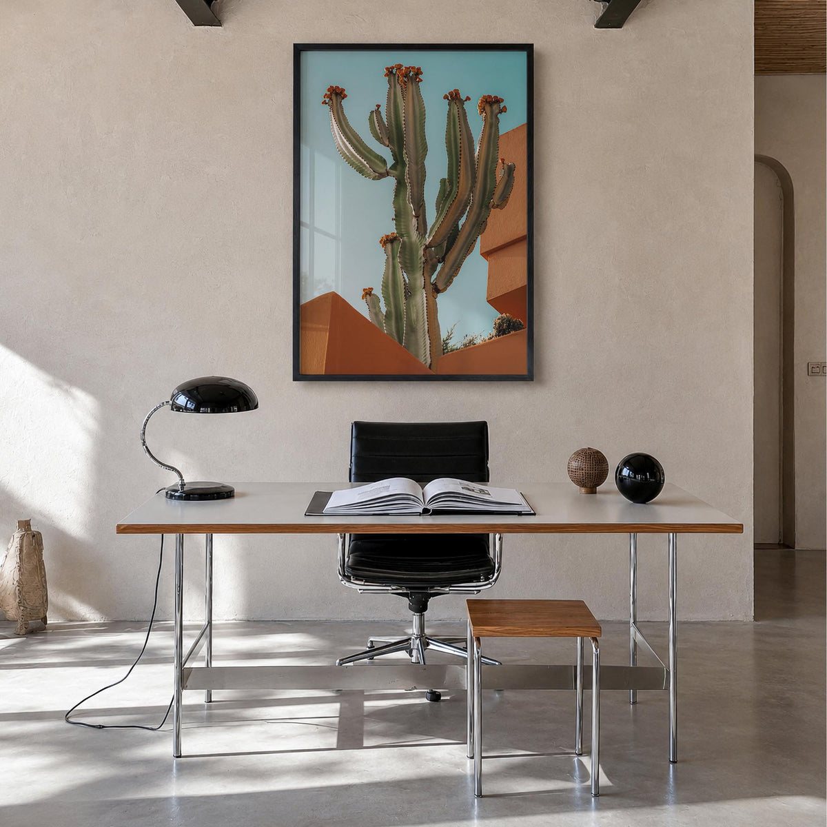 Blooming Cactus Sandy Walls colorful photo poster – vertical wall art in black wood frame, hanging on wall