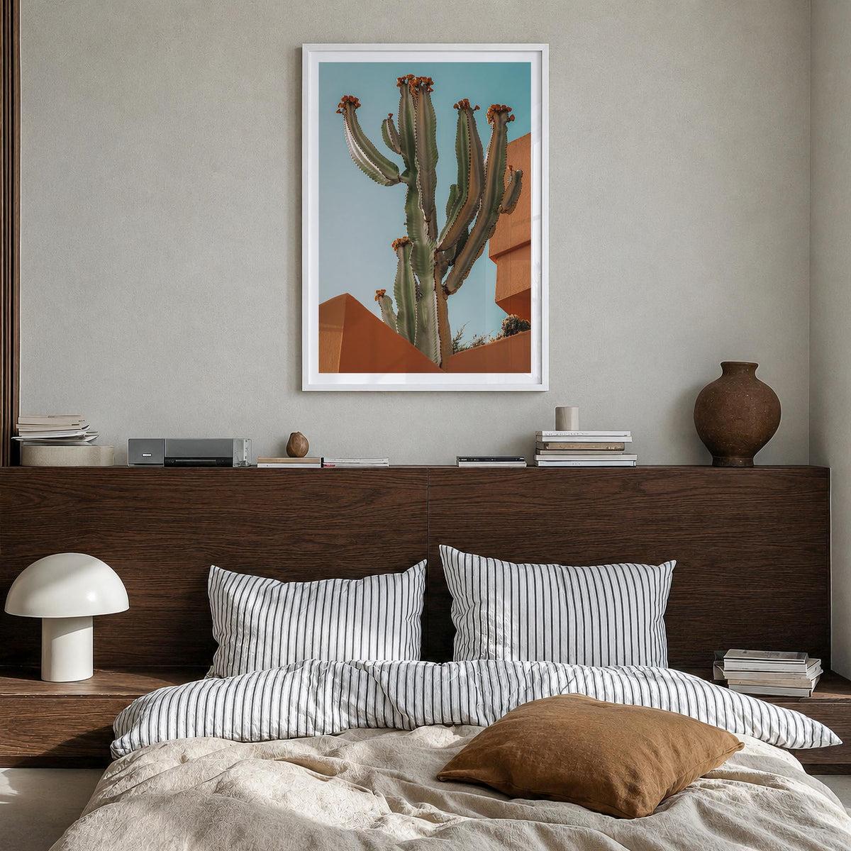 Blooming Cactus Sandy Walls colorful photo poster – vertical wall art in white wood frame with white border, hanging on wall
