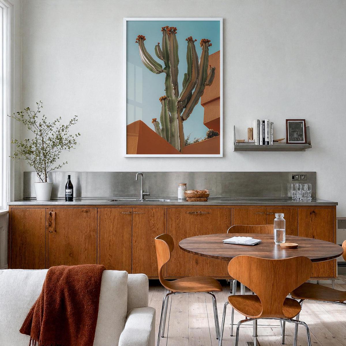 Blooming Cactus Sandy Walls colorful photo poster – vertical wall art in white wood frame, hanging on wall