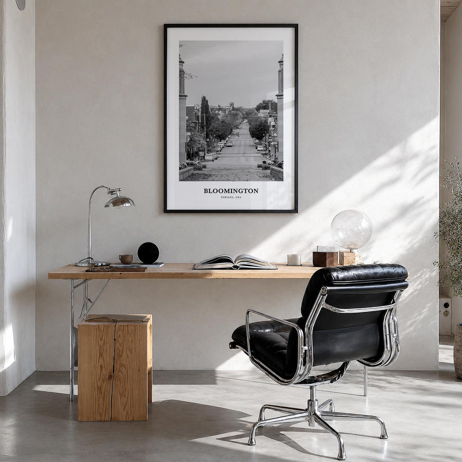 Bloomington black & white classic poster of Indiana, USA – vertical wall art in black wood frame, hanging on wall