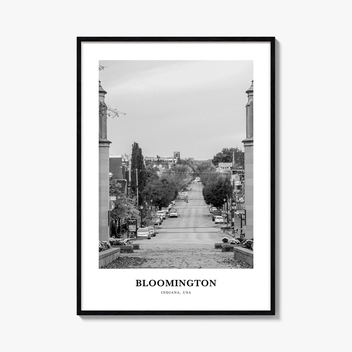 Bloomington black & white classic poster of Indiana, USA – vertical wall art, unframed print shown in interior mockup
